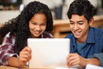 Image showing School, tablet and happy children in classroom with learning, internet website and young students. Digital education, kids elearning and Montessori class, happiness and studying with online reading,