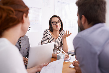 Image showing Teamwork in creative meeting, people brainstorming ideas and happy working together in conference room. Planning, collaboration with men and women in strategy discussion at startup and writing notes