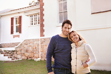 Image showing New home, portrait and couple hug for house, real estate building and property purchase, sale or mortgage investment. Happiness, love and smiling man, woman or people embrace for homeowner relocation