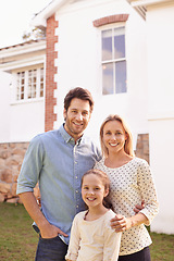 Image showing New house, portrait family and happy people with real estate, neighborhood building or property rent, investment or sale. Residential mortgage, homeowner purchase or proud relocation parents with kid