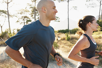 Image showing Forest, fitness and coach running with woman as a workout or morning exercise for health and wellness together. Sport, man and runner with athlete as training in nature for sports run energy