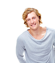 Image showing Fashion, happy and portrait of man with smile for confidence, attractive and pride on white background. Studio, confident and face of isolated handsome young male person with trendy casual clothes