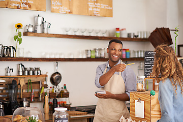 Image showing Barista man, woman and happiness for order with smile, notes and service for good customer experience. Waiter, pen and lady with pointing, sale or special on menu in restaurant, cafe or coffee shop