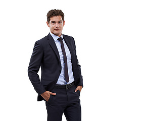 Image showing Businessman, portrait and professional suit in studio or formal executive, relaxed corporate manager or confident boss with hands in pocket. Man, employee or entrepreneur on white background