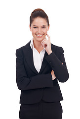 Image showing Woman, portrait and business white studio background isolated with idea as an expert in a company. Professional, model and manager with a smile for leadership with creative solution for organisation.