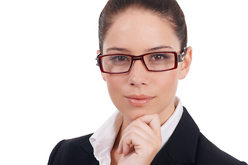 Image showing Studio portrait, focus and corporate woman, real estate agent or realtor confidence for professional work. Face, expert and business person, management or consultant isolated on white background