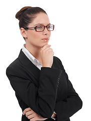 Image showing Thinking, studio focus and business woman question, brainstorming decision choice or planning corporate ideas. Solution plan, problem solving and serious female manager isolated on white background