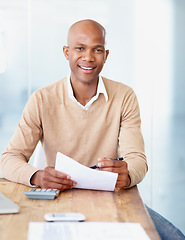 Image showing Portrait, accountant and black man with paperwork in office with pride for career or job. Professional accounting, documents and happy business person from South Africa sitting in company workplace.