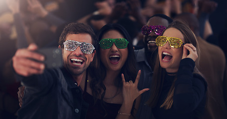 Image showing Selfie, sunglasses and friends at party for celebration, festival and dance at social event. Night club, disco and happy men and women take picture for memories, post and celebrate new years eve