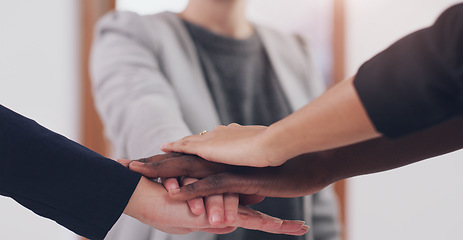 Image showing Teamwork, stack and hands of business people in office for company mission, team building and motivation. Diversity, collaboration and workers with hand together for agreement, support and goals