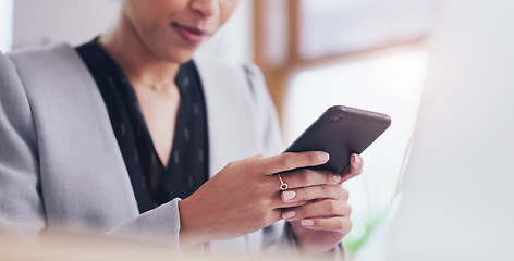 Image showing Phone, office and hands of business woman online for social media, internet and connection. Communication, corporate workplace and female person on smartphone for website, mobile app and networking