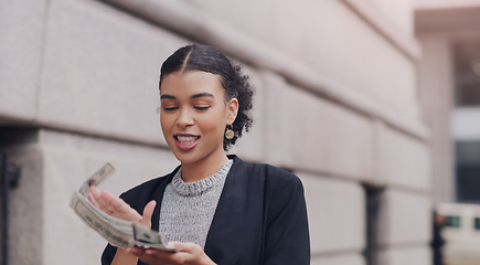 Image showing Money, city and business woman with cash for success, wealth and profit from winning prize in town. Rich, happy and excited female person throw notes for investment, savings and salary bonus outdoors