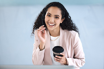 Image showing Call center, customer support and portrait of woman with smile, coffee and headset for consulting. Telemarketing, communication and face of happy female worker for crm service, help desk and contact