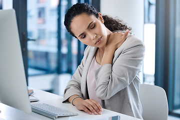 Image showing Neck pain, stress and computer with business woman in office for tired, overworked and burnout. Exhausted, anxiety and mental health with corporate female employee at desk for frustrated and tension