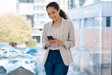 Image showing Phone, smile and business woman in office for networking, communication app and social media. Technology, internet and text message with female employee by window for professional, website and email