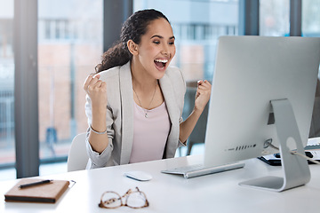 Image showing Business woman, computer and celebration in office with fist for win, success or goal with profit, bonus or promotion. Excited businesswoman, winner and celebrate by pc for investment on stock market