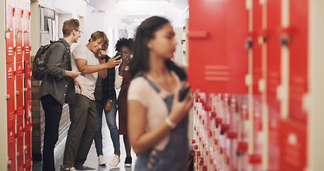 Image showing Bully, students and girl in high school, anxiety and stress with depression, sad and social issue. Female person, young people and teenager with mental health, locker and harassment with gossip