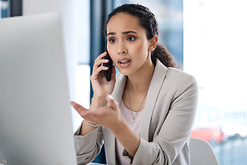 Image showing Stress, business call and woman with computer scam and email in a office with conversation. Spam, African female person and anxiety of a employee talking on a web help communication at a company