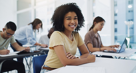 Image showing Education, portrait and girl university student in classroom for business management lecture or studying. Phd, face and happy female college learner in a lecture for future, career or development