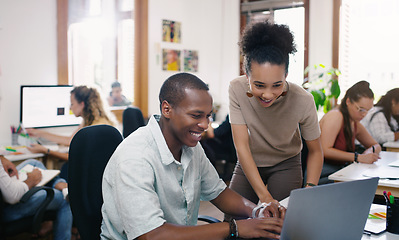 Image showing Collaboration, laptop and mentor with business people in an office for training, coaching or assistance. Teamwork, computer and a woman supervisor talking to a man colleague during a work project