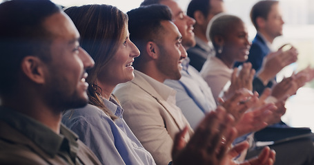 Image showing Audience, clapping hands and business people at a conference, seminar or training workshop. Diversity men and women crowd applause at a presentation for success, achievement and corporate growth