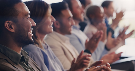 Image showing Audience, conference and business people clapping hands at a seminar, workshop or training. Diversity men and women crowd applause and celebrate at a presentation for goals, knowledge and success