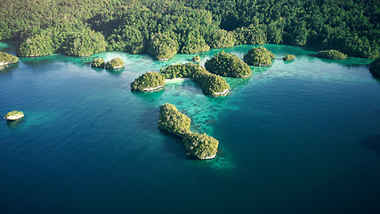 Image showing Top view, water and island for freedom, travel and exploring, holiday or destination. Above, nature and tropical paradise with scenic views, plants and beauty for explore, traveling or Indonesia trip