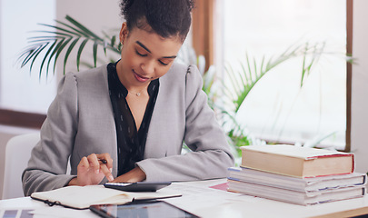 Image showing Accounting, calculator and woman writing in notebook for finance budget, investment or planning. African person as accountant with books, pen and list for tax on business profit or income in office