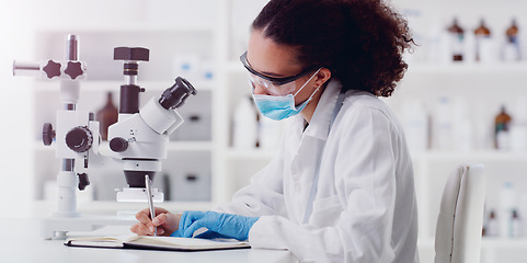 Image showing Science, microscope and woman scientist writing for research, medicine and data analysis in a lab. Laboratory, healthcare and female health expert with book for medical, results and sample checklist