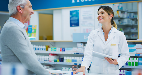 Image showing Senior patient, tablet and happy woman, pharmacist or clerk helping clinic customer, healthcare client or person. Medicine shop, pharmacy advice and chemist search online database for store product