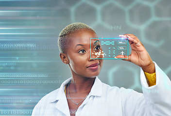Image showing Black woman, doctor and futuristic screen for digital DNA, science or data analytics on overlay. African female person or medical professional in future technology or research for holographic sample