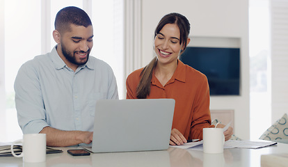 Image showing Laptop, finance and couple planning bills, debt or mortgage payments together in the living room. Technology, financial documents and young man and woman paying with online banking in their home.