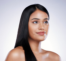 Image showing Haircare, beauty and face of woman with long hair, smile and luxury salon treatment on white background in Brazil. Beauty, haircut and happy latino model with straight hairstyle on studio backdrop.