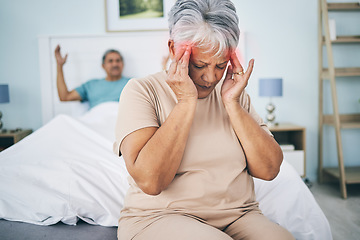 Image showing Senior couple, bed and conflict with a headache, fight and relationship issue with marriage, home and retirement. Partners, mature man and elderly woman with a migraine, bedroom and angry with stress