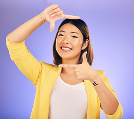 Image showing Portrait, frame and Asian woman with a smile, fashion and emoji against a studio background. Face, female person and model with hand gesture, beauty and creative with happiness and finger framing