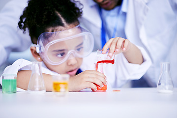 Image showing Science, research and child doing a experiment in a lab in physics or chemistry class in school. Knowledge, education and girl kid student working on a scientific project with glass beaker and liquid