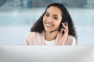 Image showing Call center woman, smile and computer in office for customer service, tech support and IT advice with voip. Crm, telemarketing or agent with headset, microphone and consulting with pc at help desk