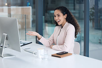 Image showing Happy call center woman, computer and talk for customer service, technical support or it advice in office. Consultant, agent or telemarketing crm with excited face, pc or smile at help desk for sales