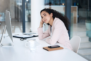 Image showing Tired, stress and call center with business woman in office for anxiety, exhausted and burnout. Help desk, mental health and frustrated with female employee at computer for consulting and overworked