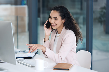 Image showing Computer, consulting and phone call with business woman in office for networking, negotiation or contact. Communication, technology and planning with female employee for online, project or connection