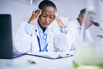 Image showing Science, tired and black woman with a headache, research and health issue with burnout, overworked and exhausted. Female person, employee and researcher with a migraine, anxiety and pain with stress