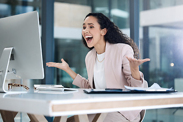 Image showing Excited, shocked and business woman with computer news and email in a office. Success, promotion and employee with a smile and surprise in a company with online win and motivation of tech worker