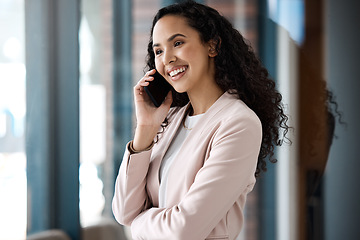 Image showing Happy, consulting and phone call with business woman in office for networking, negotiation or contact. Communication, technology and planning with female employee for online, project or connection