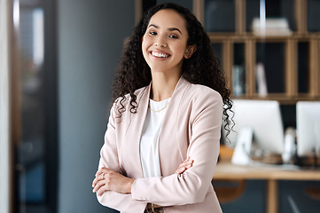 Image showing Portrait of happy business woman with arms crossed in legal office with confidence and happiness. Smile, professional female lawyer and boss at law firm, young corporate workplace manager in Brazil.