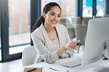 Image showing Computer, success and businesswoman working in the office while reading information online. Happy, smile and professional female employee planning a corporate project on a desktop in the workplace.