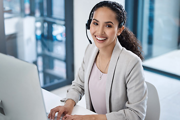 Image showing Call center woman, portrait and computer in office for customer service, tech support and IT advice with voip. Crm, telemarketing or agent with headset, microphone and consulting with pc at help desk