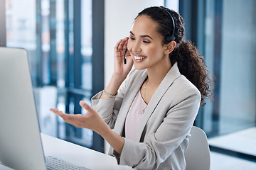 Image showing Call center, consulting and computer with business woman in office for customer service, planning and help desk. Networking, contact us and research with employee for discussion and communication