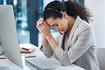 Image showing Stress, headache and call center with business woman in office for tired, frustrated or burnout. Customer service, anxiety and mental health with female employee at computer for exhausted and mistake