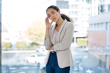 Image showing Headache, stress and business woman in office for frustrated, tired and anxiety. Burnout, mental health and corporate with female employee and pain at window for mistake, problem and overworked