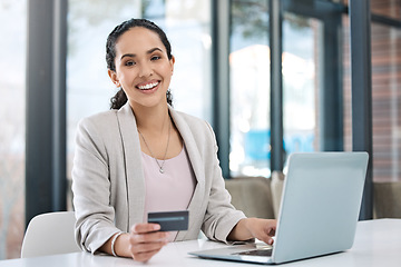 Image showing Business woman, laptop online shopping and portrait with happiness and credit card. Paying bills, happy worker and ecommerce purchase of employee banking with website payment at a desk with computer